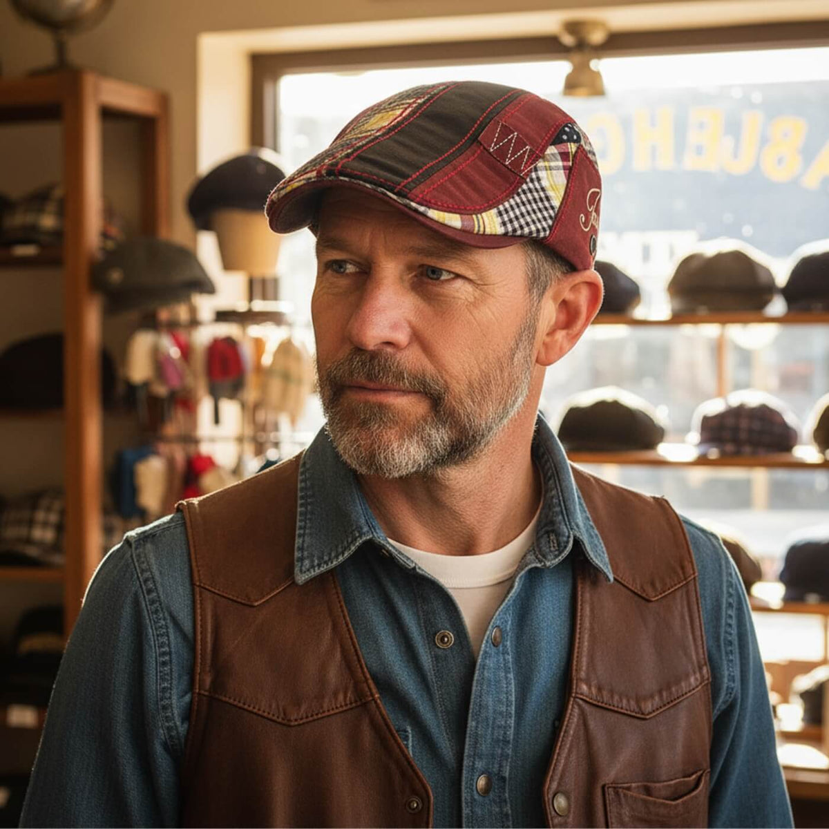 Katoenen flatcap met patchwork — REUSEL