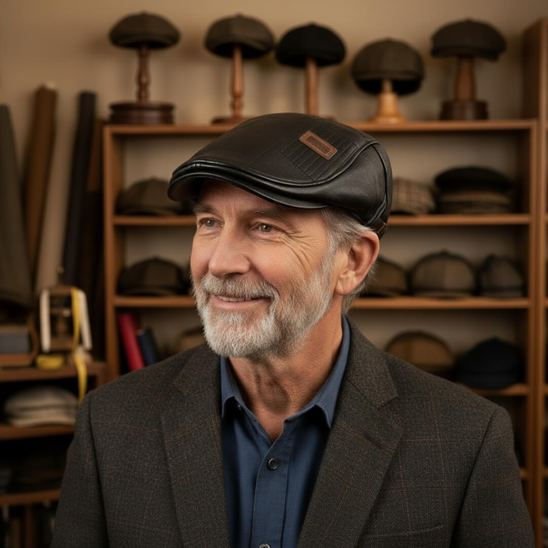 Leren flatcap met ruitpatroon — MIDWOLDA